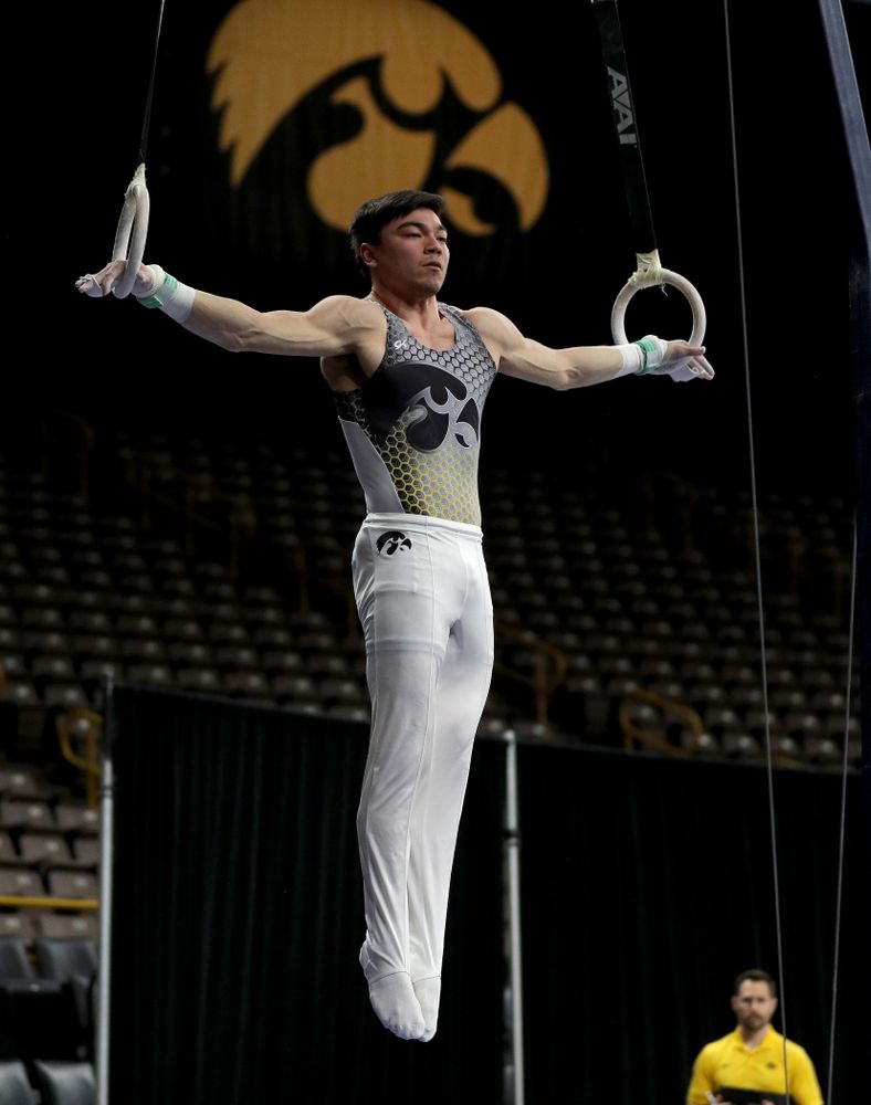 Iowa’s Brandon Wong competes on the rings against Illinois Sunday, March 1, 2020 at Carver-Hawkeye Arena. (Brian Ray/hawkeyesports.com)