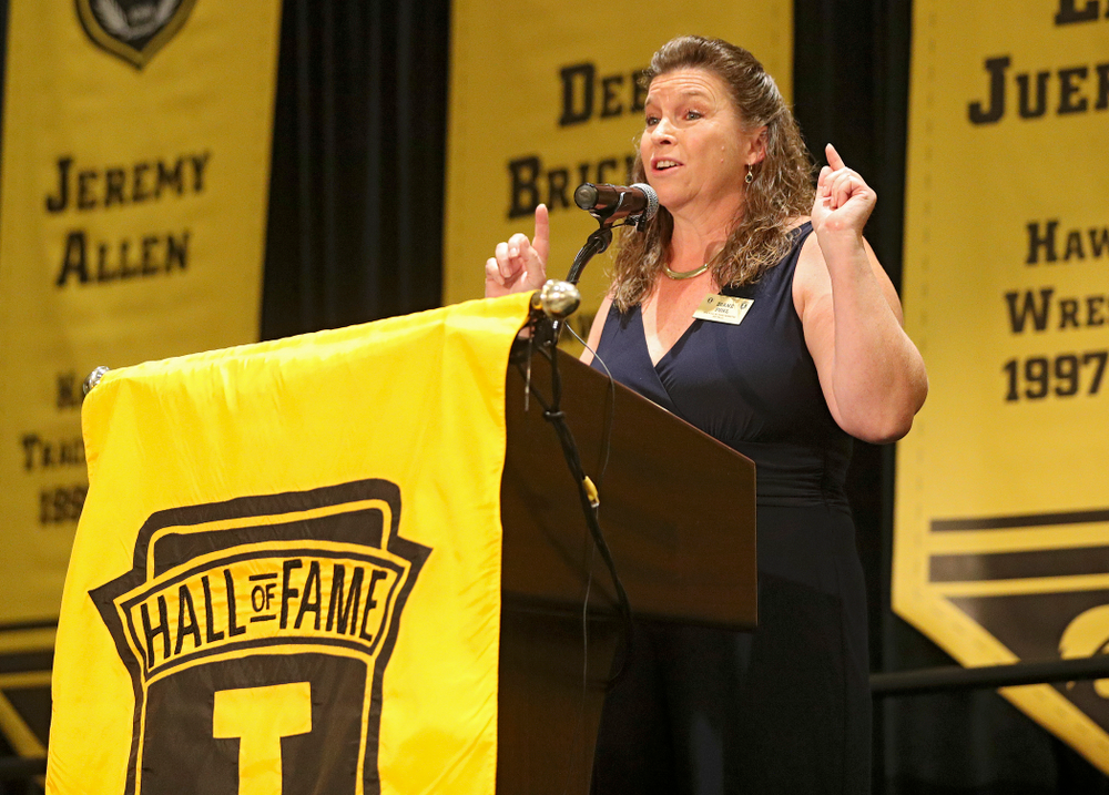 2019 University of Iowa Athletics Hall of Fame inductee Diane Pohl speaks during the Hall of Fame Induction Ceremony at the Coralville Marriott Hotel and Conference Center in Coralville on Friday, Aug 30, 2019. (Stephen Mally/hawkeyesports.com)
