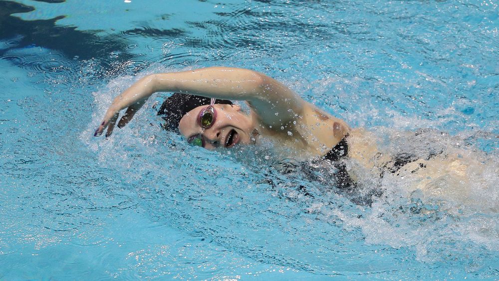 Iowa's Abbey Schneider competes in the 500-yard freestyle during a meet against Michigan and Denver at the Campus Recreation and Wellness Center on November 3, 2018. (Tork Mason/hawkeyesports.com)