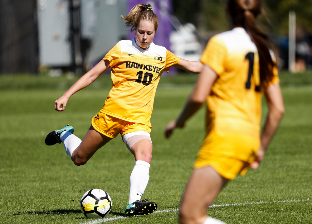 Iowa Hawkeyes midfielder Natalie Winters (10) passes the ball during a game against Indiana at the Iowa Soccer Complex on September 23, 2018. (Tork Mason/hawkeyesports.com)