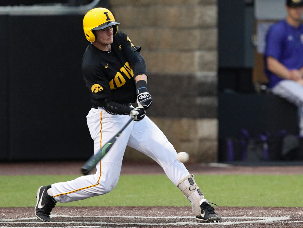 Iowa Hawkeyes second baseman Brendan Sher (2) drives a pitch for a hit during the fourth inning of their game against Western Illinois at Duane Banks Field in Iowa City on Wednesday, May. 1, 2019. (Stephen Mally/hawkeyesports.com)