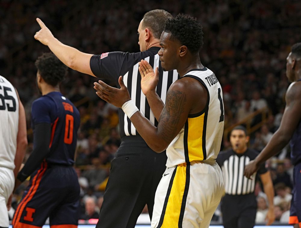 Iowa Hawkeyes guard Joe Toussaint (1) claps after getting his hands on a tied ball for a turnover during the first quarter of the game at Carver-Hawkeye Arena in Iowa City on Sunday, February 2, 2020. (Stephen Mally/hawkeyesports.com)