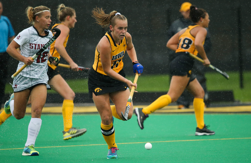 Iowa Hawkeyes midfielder Katie Birch (11) dribbles during a game against Stanford at Grant Field on October 7, 2018. (Tork Mason/hawkeyesports.com)