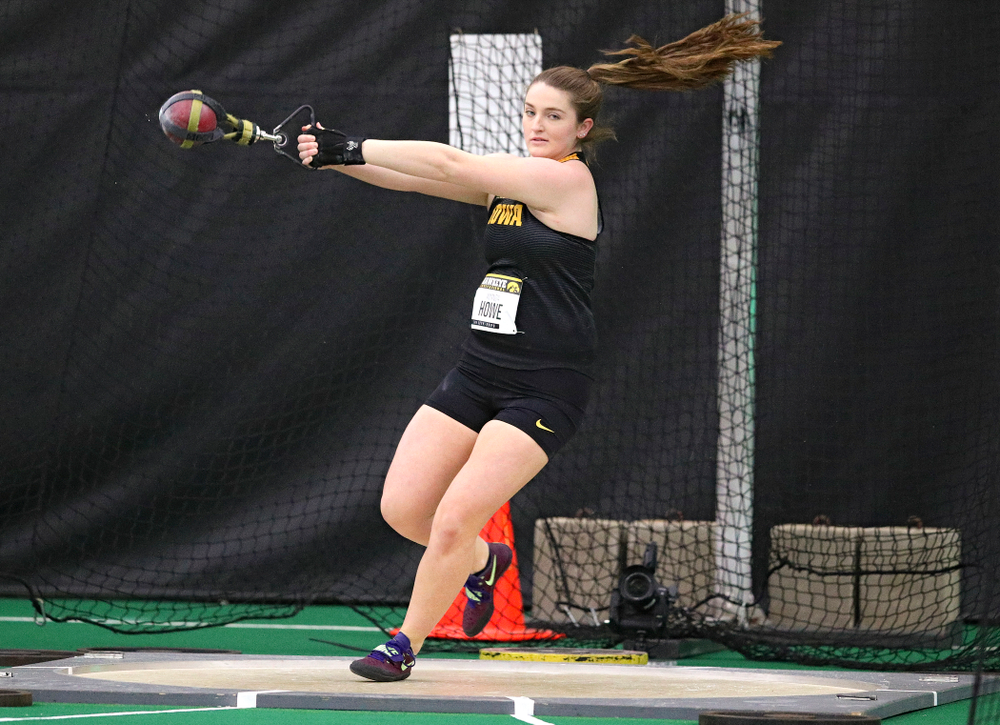 Iowa’s Amanda Howe throws in the women’s weight throw event during the Hawkeye Invitational at the Hawkeye Tennis and Recreation Complex in Iowa City on Friday, January 10, 2020. (Stephen Mally/hawkeyesports.com)