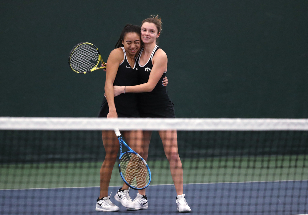 Iowa's Michelle Bacalla and Cloe Ruettte play a doubles match against the Penn State Nittany Lions Sunday, February 24, 2019 at the Hawkeye Tennis and Recreation Complex. (Brian Ray/hawkeyesports.com)