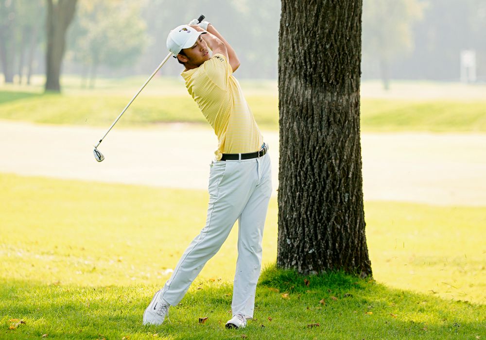 Iowa’s Joe Kim drives a shot during the third day of the Golfweek Conference Challenge at the Cedar Rapids Country Club in Cedar Rapids on Tuesday, Sep 17, 2019. (Stephen Mally/hawkeyesports.com)
