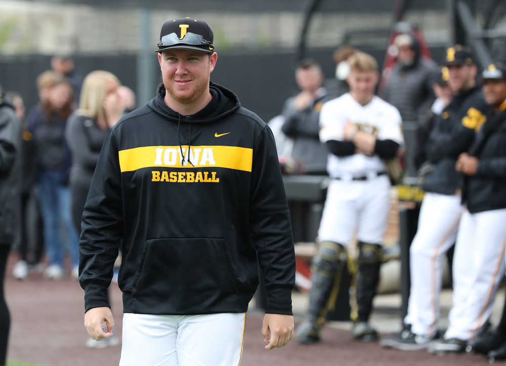 Graduate Assistant Shane Schmidt during senior day festivities before their game against Michigan State Sunday, May 12, 2019 at Duane Banks Field. (Brian Ray/hawkeyesports.com)
