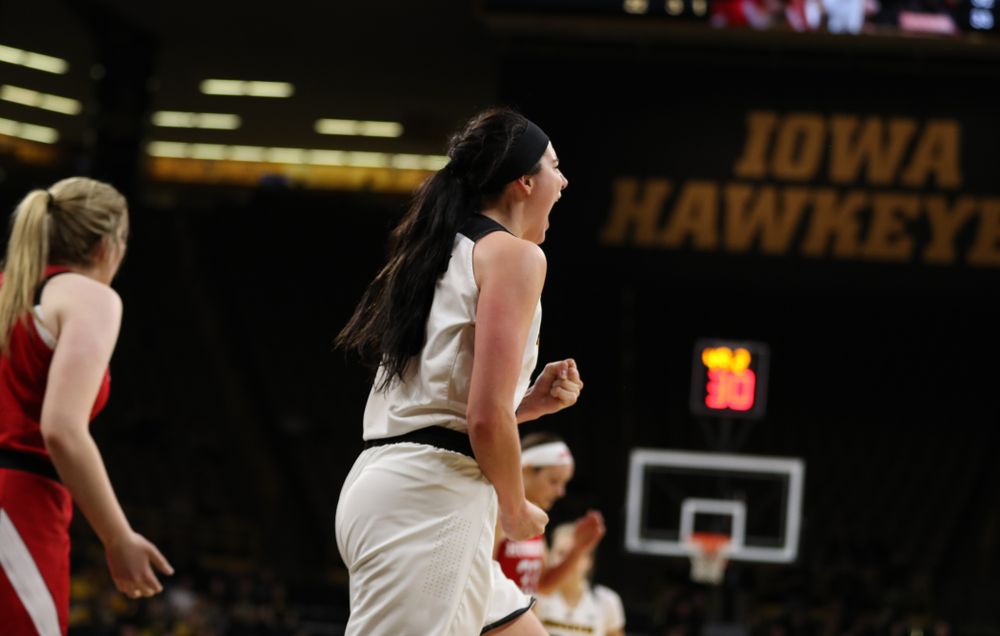 Iowa Hawkeyes forward Megan Gustafson (10) reacts after making a basket and draws a foul against the Nebraska Cornhuskers Thursday, January 3, 2019 at Carver-Hawkeye Arena. (Brian Ray/hawkeyesports.com)