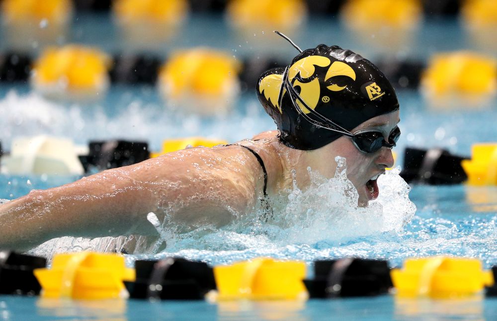 IowaÕs Kelsey Drake competes in the 200 yard butterfly against Notre Dame and Illinois Saturday, January 11, 2020 at the Campus Recreation and Wellness Center. (Brian Ray/hawkeyesports.com)