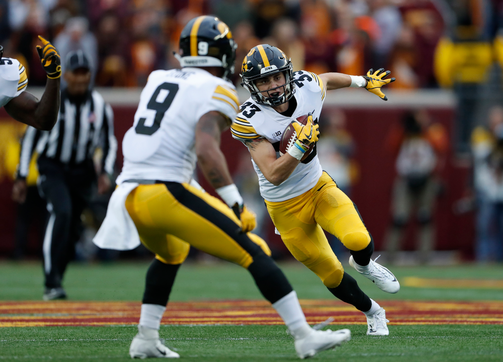 Iowa Hawkeyes defensive back Riley Moss (33) intercepts a pass against the Minnesota Golden Gophers Saturday, October 6, 2018 at TCF Bank Stadium. (Brian Ray/hawkeyesports.com)