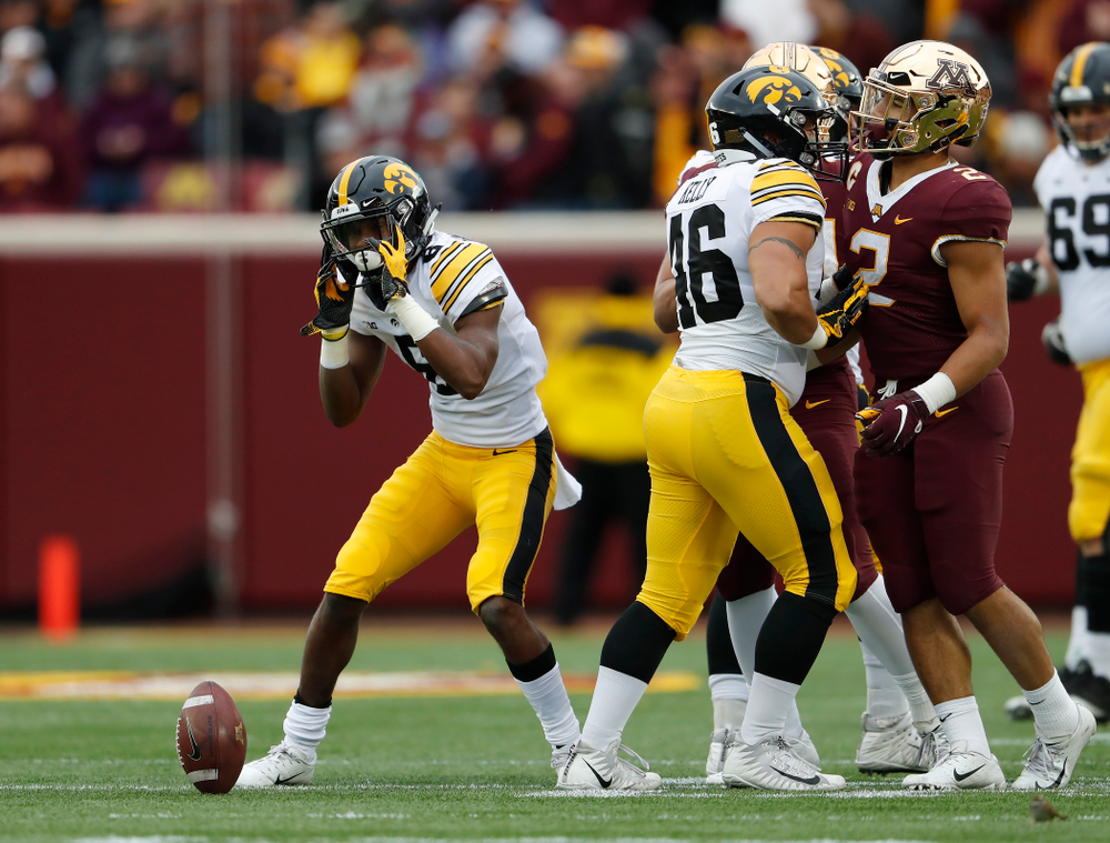 Iowa Hawkeyes wide receiver Ihmir Smith-Marsette (6) reruns a kick against the Minnesota Golden Gophers Saturday, October 6, 2018 at TCF Bank Stadium. (Brian Ray/hawkeyesports.com)