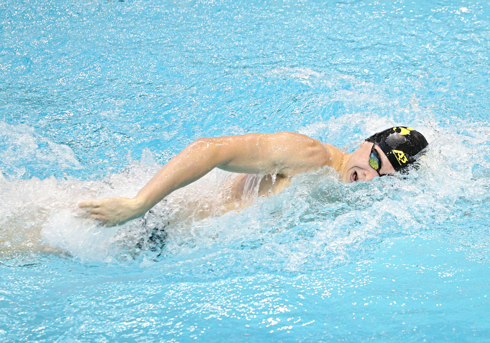 Iowa’s Aleksey Tarasenko swims the men’s 200-yard freestyle event during their meet against Michigan State and Northern Iowa at the Campus Recreation and Wellness Center in Iowa City on Friday, Oct 4, 2019. (Stephen Mally/hawkeyesports.com)