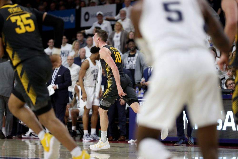 Iowa Hawkeyes guard Joe Wieskamp (10 celebrates a three point basket against Penn State Saturday, January 4, 2020 at the Palestra in Philadelphia. (Brian Ray/hawkeyesports.com)