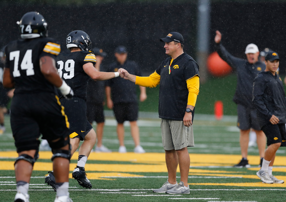 Iowa Hawkeyes offensive coordinator Brian Ferentz during camp practice No. 15 Monday, August 20, 2018 at the Hansen Football Performance Center. (Brian Ray/hawkeyesports.com)