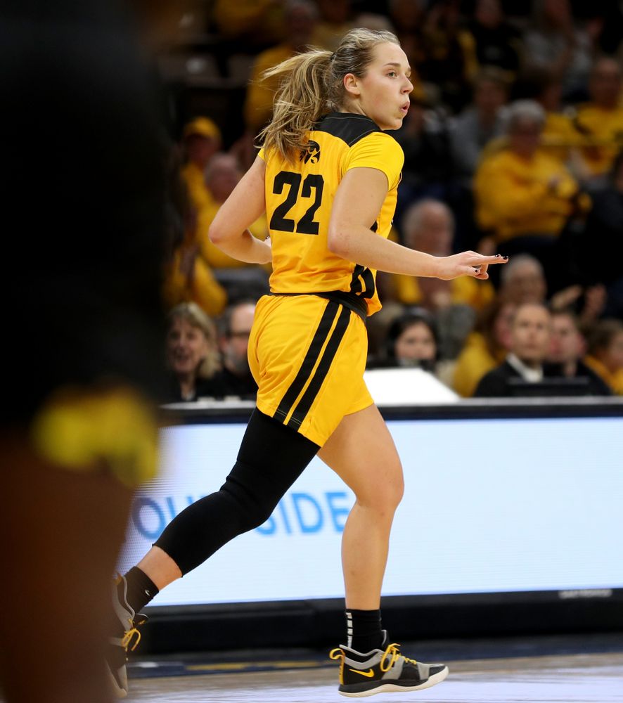 Iowa Hawkeyes guard Kathleen Doyle (22) celebrates a three point basket against the Maryland Terrapins Thursday, January 9, 2020 at Carver-Hawkeye Arena. (Brian Ray/hawkeyesports.com)