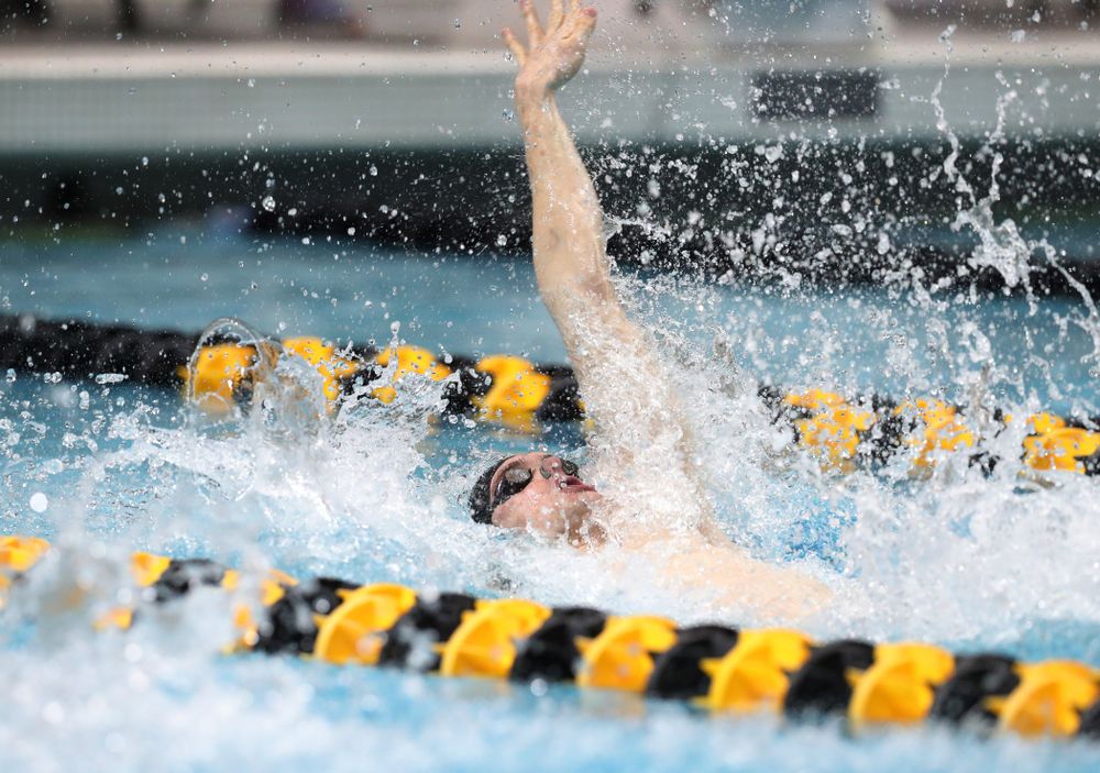 Iowa's Kenneth Mende swims the backstroke leg of the 200 medley relay at the 2019 Big Ten Swimming and Diving meet Wednesday, February 27, 2019 at the Campus Wellness and Recreation Center. (Brian Ray/hawkeyesports.com)
