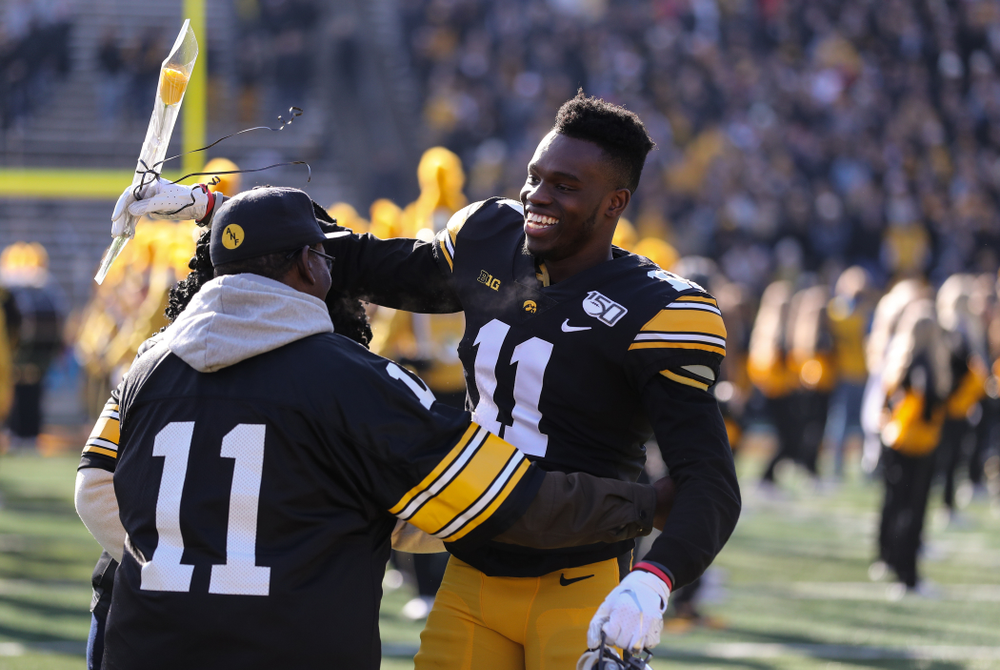 Iowa Hawkeyes defensive back Michael Ojemudia (11) during Senior Day festivities before their game against the Illinois Fighting Illini Saturday, November 23, 2019 at Kinnick Stadium. (Brian Ray/hawkeyesports.com)