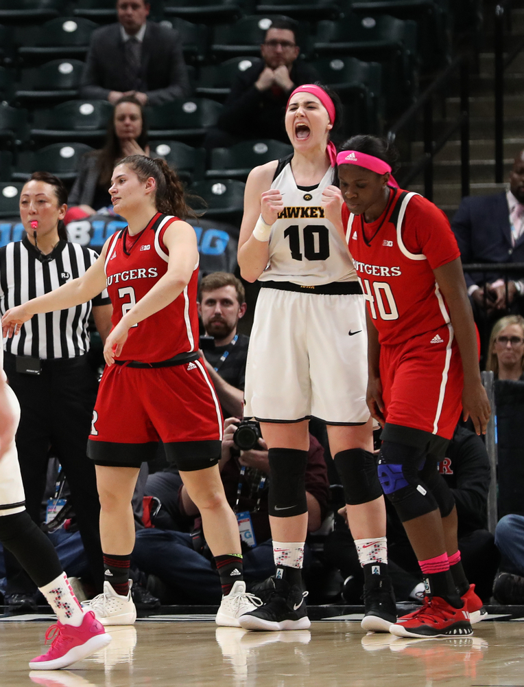 Iowa Hawkeyes forward Megan Gustafson (10) against the Rutgers Scarlet Knights in the semi-finals of the Big Ten Tournament Saturday, March 9, 2019 at Bankers Life Fieldhouse in Indianapolis, Ind. (Brian Ray/hawkeyesports.com)