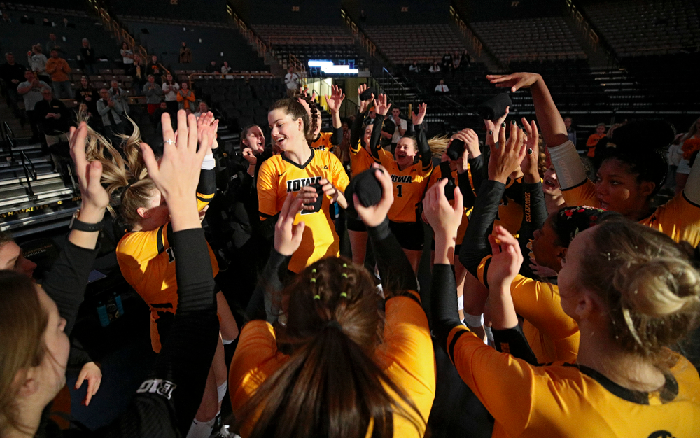 Iowa’s Courtney Buzzerio (2) is introduced before their match at Carver-Hawkeye Arena in Iowa City on Friday, Nov 29, 2019. (Stephen Mally/hawkeyesports.com)