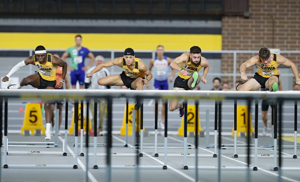 Iowa’s Jaylan McConico (from left), Jamal Britt, Josh Braverman, and Peyton Haack run the men’s 60 meter hurdles premier event during the Larry Wieczorek Invitational at the Recreation Building in Iowa City on Saturday, January 18, 2020. (Stephen Mally/hawkeyesports.com)