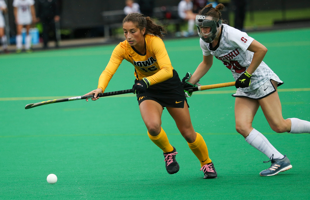 Iowa Hawkeyes forward Isabella Solaroli (16) chases down the ball during a game against Stanford at Grant Field on October 7, 2018. (Tork Mason/hawkeyesports.com)