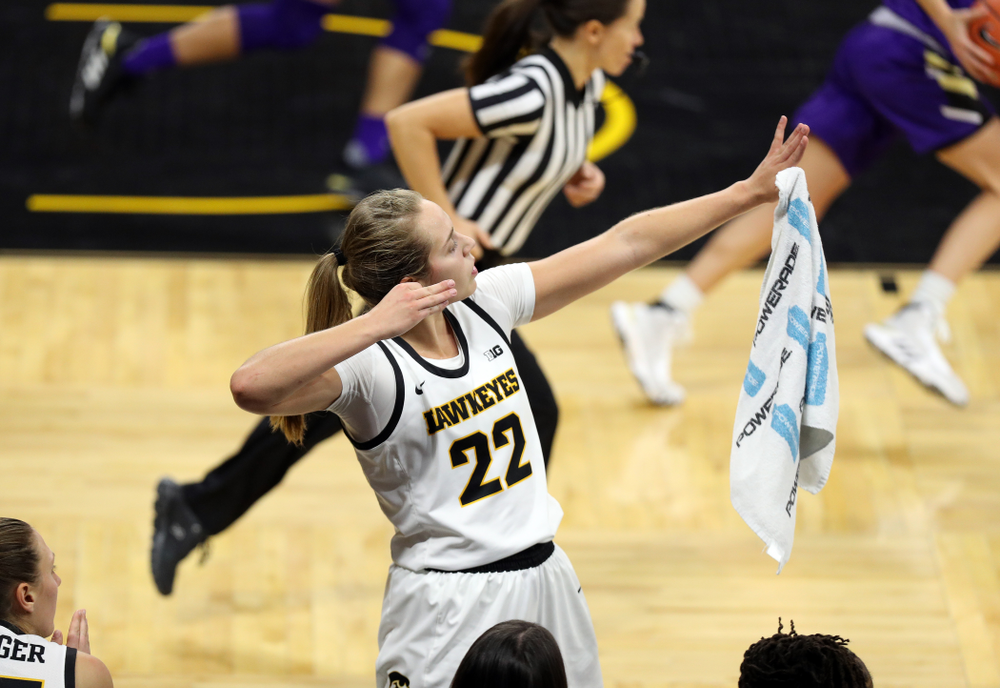 Iowa Hawkeyes guard Kathleen Doyle (22) celebrates a three point basket against North Alabama Thursday, November 14, 2019 at Carver-Hawkeye Arena. (Brian Ray/hawkeyesports.com)