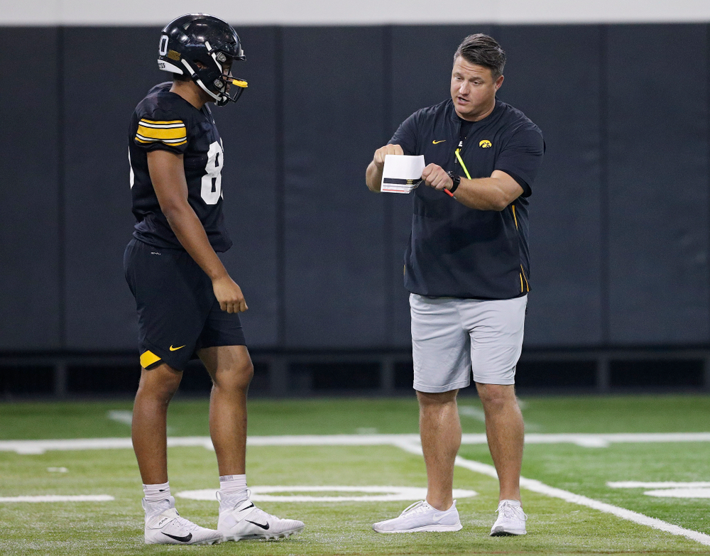 Iowa Hawkeyes tight end Josiah Miamen (80) listens to offensive coordinator Brian Ferentz during Fall Camp Practice No. 9 at the Hansen Football Performance Center in Iowa City on Monday, Aug 12, 2019. (Stephen Mally/hawkeyesports.com)