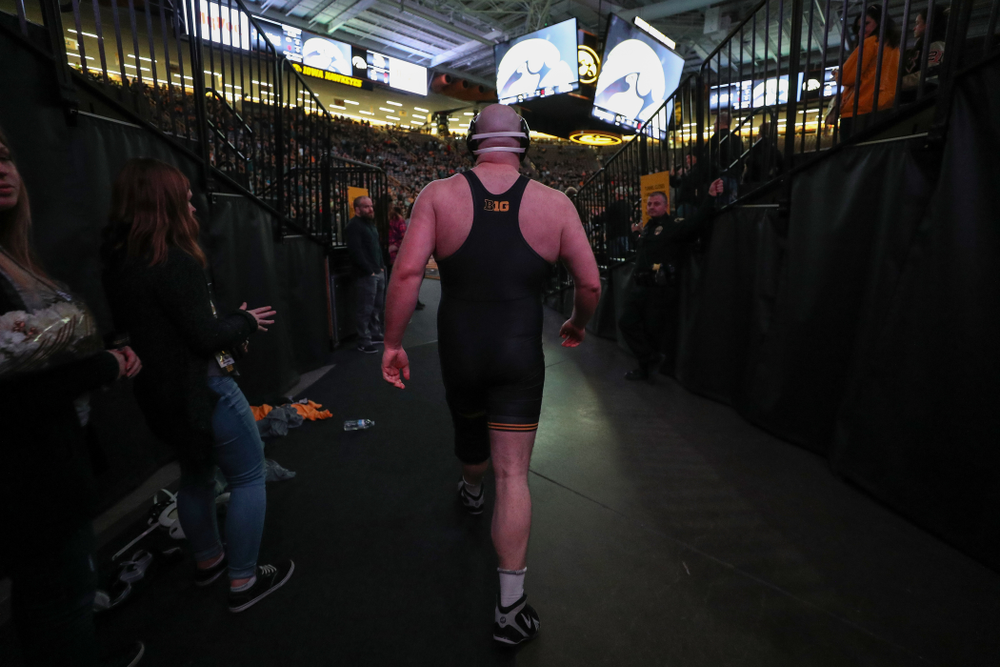 Iowa's Sam Stoll wrestles Indiana's Fletcher Miller at heavyweight Friday, February 15, 2019 at Carver-Hawkeye Arena. (Brian Ray/hawkeyesports.com)