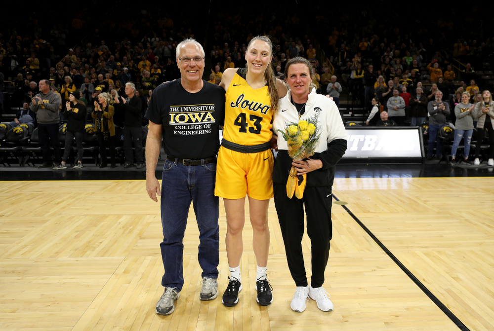 Iowa Hawkeyes forward Amanda Ollinger (43) during senior day activities following their win over the Minnesota Golden Gophers Thursday, February 27, 2020 at Carver-Hawkeye Arena. (Brian Ray/hawkeyesports.com)