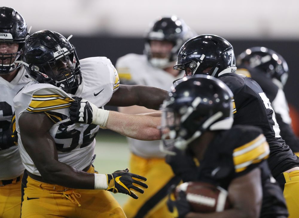 Iowa Hawkeyes linebacker Amani Jones (52) during Fall Camp Practice No. 6 Thursday, August 8, 2019 at the Ronald D. and Margaret L. Kenyon Football Practice Facility. (Brian Ray/hawkeyesports.com)