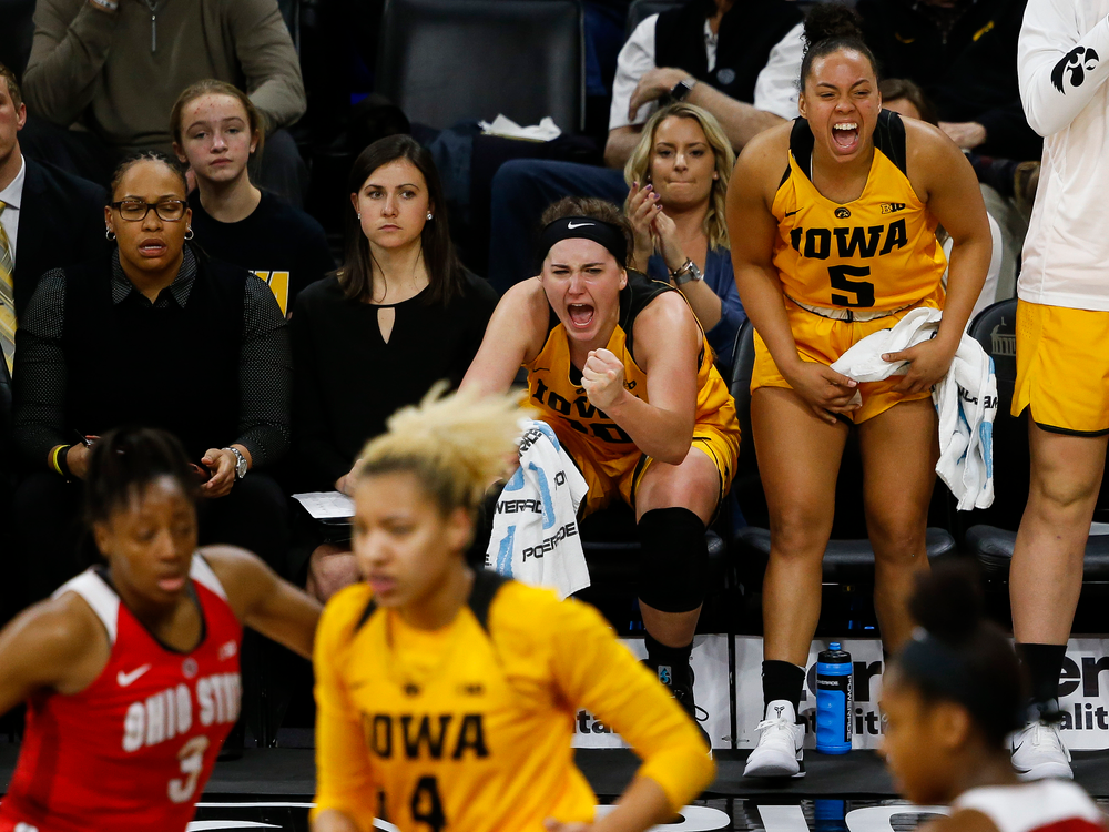 Iowa Hawkeyes forward Megan Gustafson (10) and Iowa Hawkeyes guard Alexis Sevillian (5) react to a made basket on the bench during a game against the Ohio State Buckeyes at Carver-Hawkeye Arena on January 25, 2018. (Tork Mason/hawkeyesports.com)