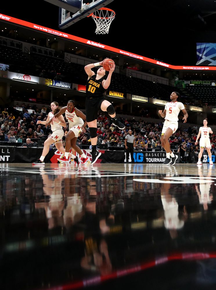 Iowa Hawkeyes forward Megan Gustafson (10) against the Maryland Terrapins in the Big Ten Championship Game Sunday, March 10, 2019 in Indianapolis, Ind. (Brian Ray/hawkeyesports.com)