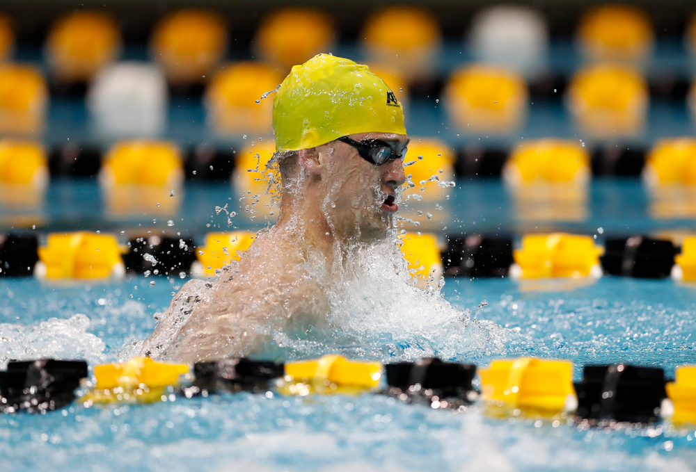 Caleb Babb swims the breaststroke leg of the 200 yard medley relay during the Black and Gold Intrasquad Saturday, September 29, 2018 at the Campus Recreation and Wellness Center. (Brian Ray/hawkeyesports.com)