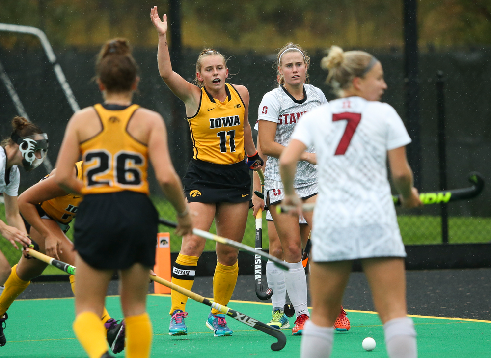 Iowa Hawkeyes midfielder Katie Birch (11) calls for a penalty during a game against Stanford at Grant Field on October 7, 2018. (Tork Mason/hawkeyesports.com)