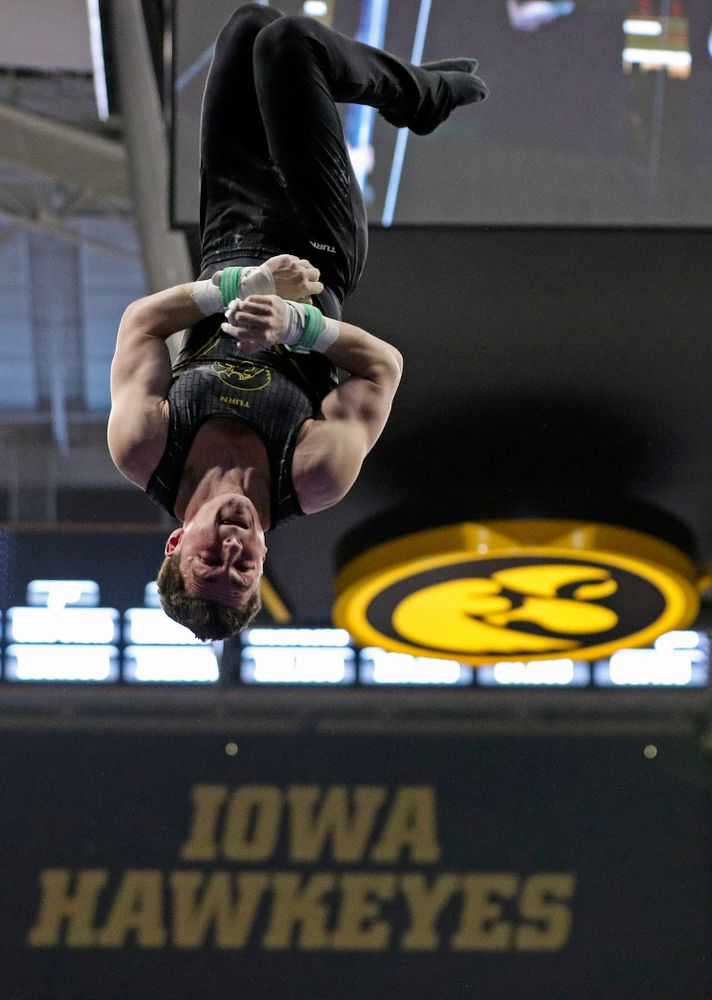 Iowa's Jake Brodarzon competes in the rings during the first day of the Big Ten Men's Gymnastics Championships at Carver-Hawkeye Arena in Iowa City on Friday, Apr. 5, 2019. (Stephen Mally/hawkeyesports.com)