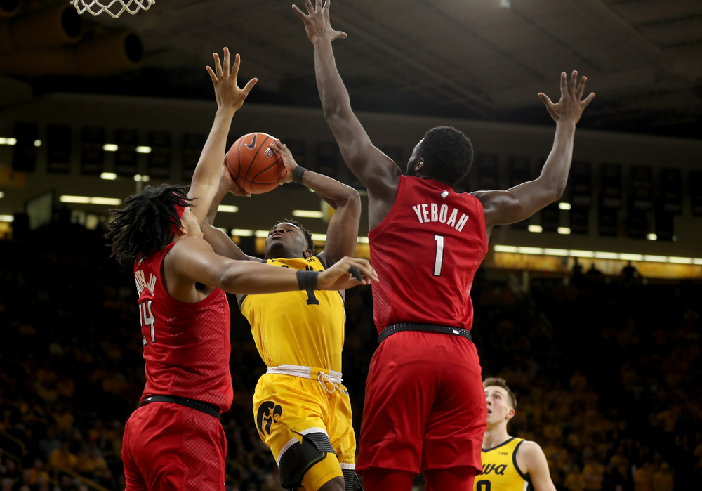 Iowa Hawkeyes guard Joe Toussaint (1) against the Rutgers Scarlet Knights Wednesday, January 22, 2020 at Carver-Hawkeye Arena. (Brian Ray/hawkeyesports.com)