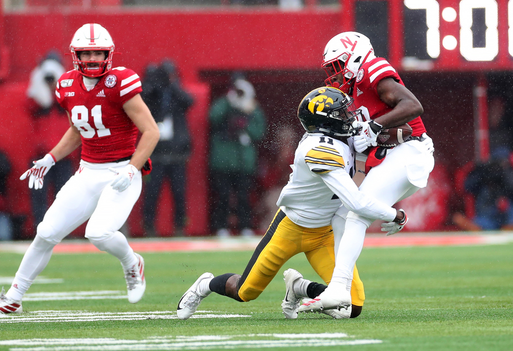 Iowa Hawkeyes defensive back Michael Ojemudia (11) against the Nebraska Cornhuskers Friday, November 29, 2019 at Memorial Stadium in Lincoln, Neb. (Brian Ray/hawkeyesports.com)
