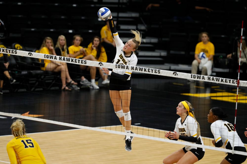 Iowa Hawkeyes outside hitter Cali Hoye (14) against the Michigan Wolverines Sunday, September 23, 2018 at Carver-Hawkeye Arena. (Brian Ray/hawkeyesports.com)