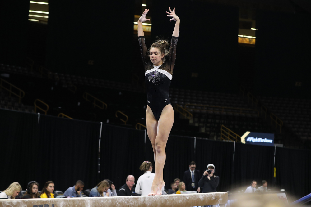 Iowa's Bridget Killian competes on the beam against the Rutgers Scarlet Knights Saturday, January 26, 2019 at Carver-Hawkeye Arena. (Brian Ray/hawkeyesports.com)