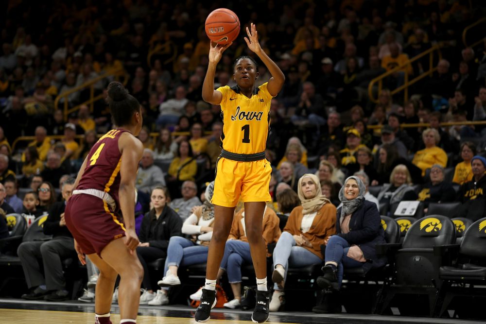 Iowa Hawkeyes guard Tomi Taiwo (1) against the Minnesota Golden Gophers Thursday, February 27, 2020 at Carver-Hawkeye Arena. (Brian Ray/hawkeyesports.com)