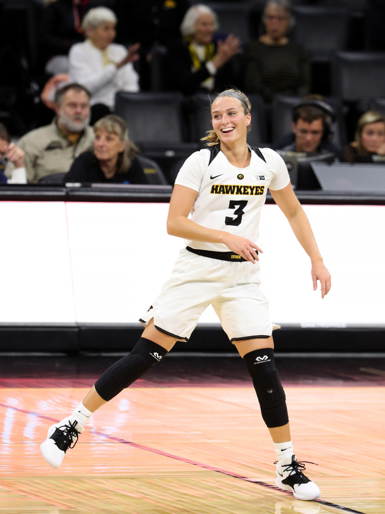 Iowa Hawkeyes guard Makenzie Meyer (3) against Dakota Wesleyan University Tuesday, November 6, 2018 at Carver-Hawkeye Arena. (Brian Ray/hawkeyesports.com)