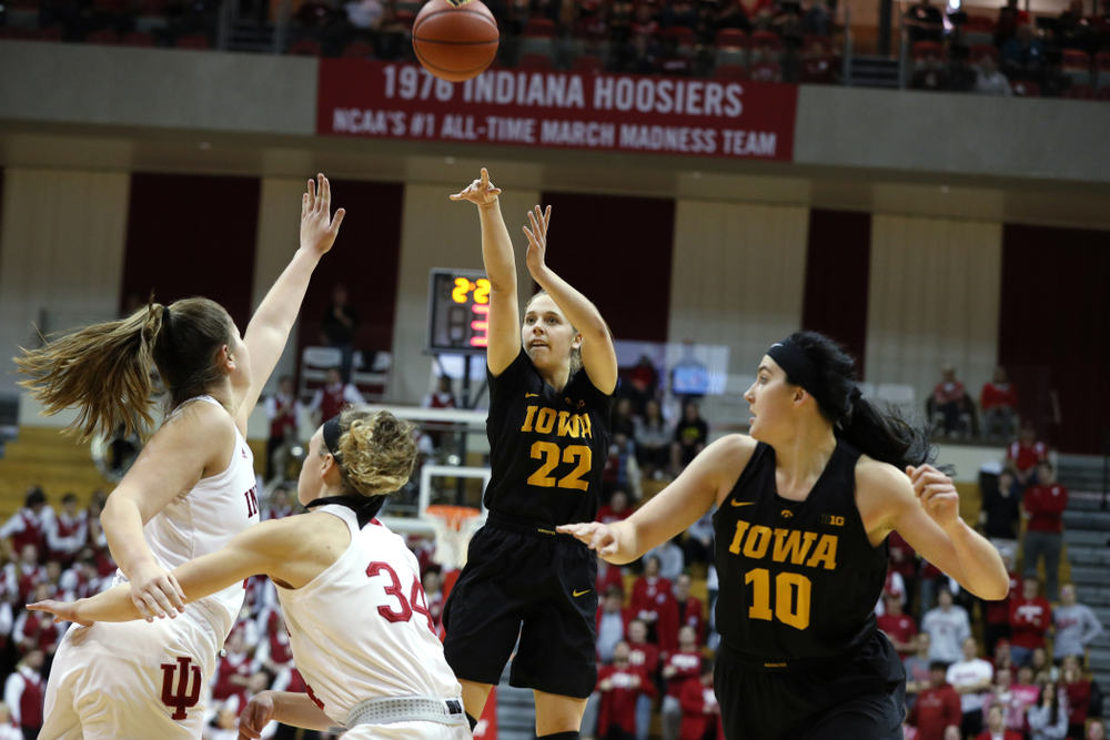 Iowa Hawkeyes guard Kathleen Doyle (22) against the Indiana Hoosiers Thursday, February 21, 2019 at Simon Skjodt Assembly Hall. (Brian Ray/hawkeyesports.com)