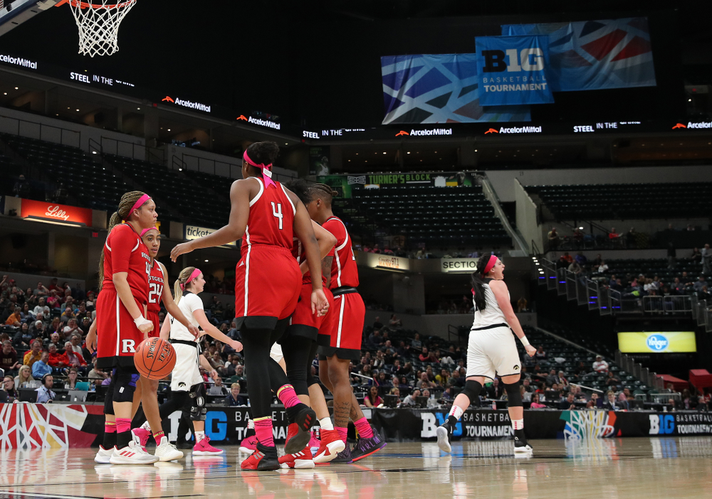 Iowa Hawkeyes forward Megan Gustafson (10) against the Rutgers Scarlet Knights in the semi-finals of the Big Ten Tournament Saturday, March 9, 2019 at Bankers Life Fieldhouse in Indianapolis, Ind. (Brian Ray/hawkeyesports.com)