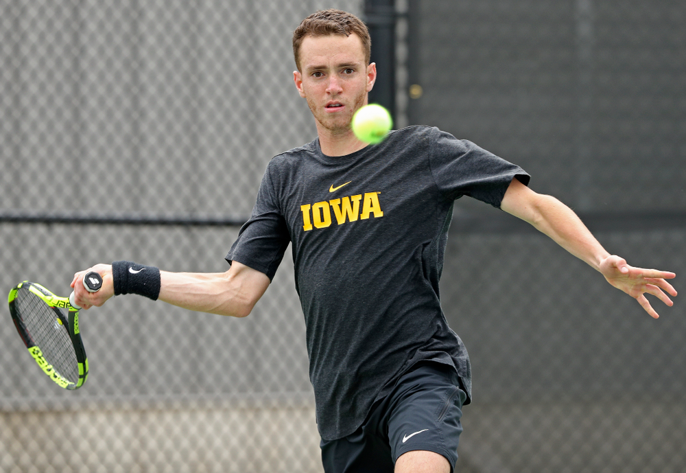 Iowa's Kareen Allaf competes during a match against Ohio State at the Hawkeye Tennis and Recreation Complex in Iowa City on Sunday, Apr. 7, 2019. (Stephen Mally/hawkeyesports.com)