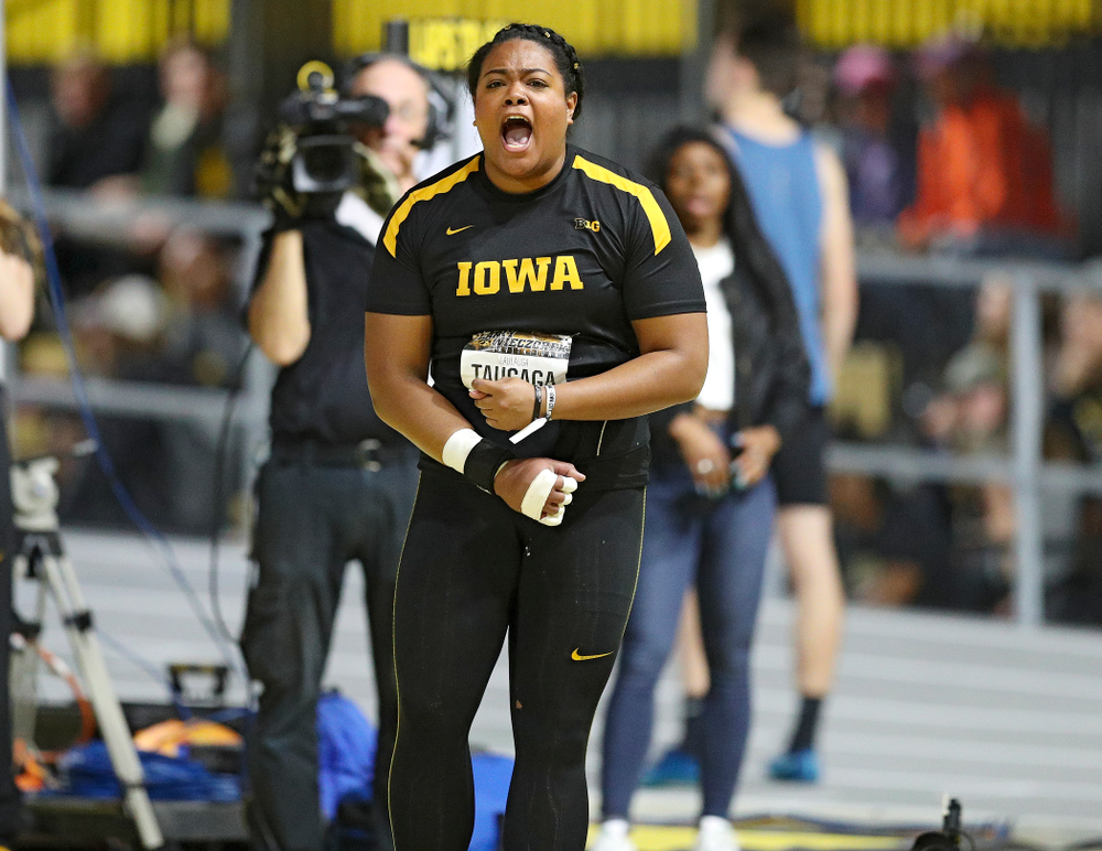 Iowa’s Laulauga Tausaga is pumped up after making a throw in the women’s shot put premier event during the Larry Wieczorek Invitational at the Recreation Building in Iowa City on Friday, January 17, 2020. (Stephen Mally/hawkeyesports.com)