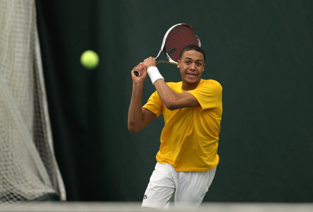Oliver Okonkwo against Utah Sunday, February 10, 2019 at the Hawkeye Tennis and Recreation Complex. (Brian Ray/hawkeyesports.com)