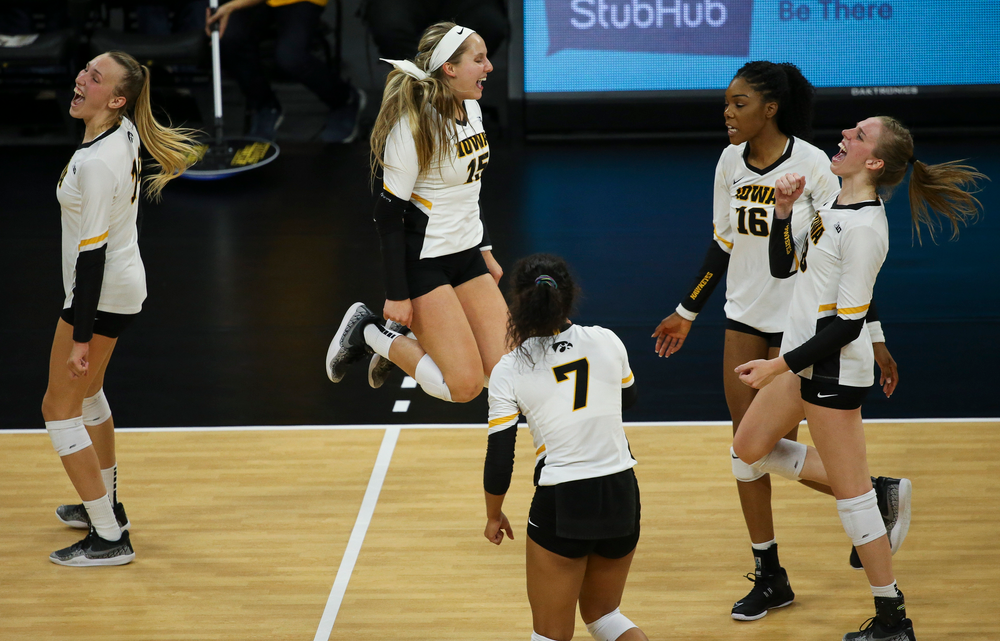 Iowa Hawkeyes defensive specialist Maddie Slagle (15) reacts after winning a point during a game against Purdue at Carver-Hawkeye Arena on October 13, 2018. (Tork Mason/hawkeyesports.com)