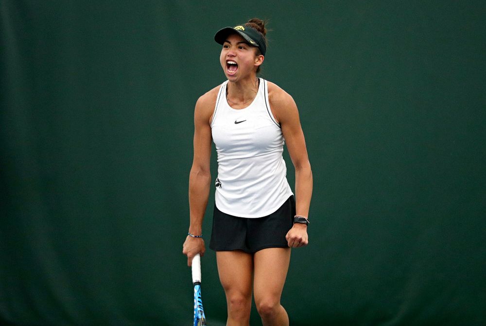 Iowa’s Michelle Bacalla celebrates a point during her singles match at the Hawkeye Tennis and Recreation Complex in Iowa City on Sunday, February 16, 2020. (Stephen Mally/hawkeyesports.com)