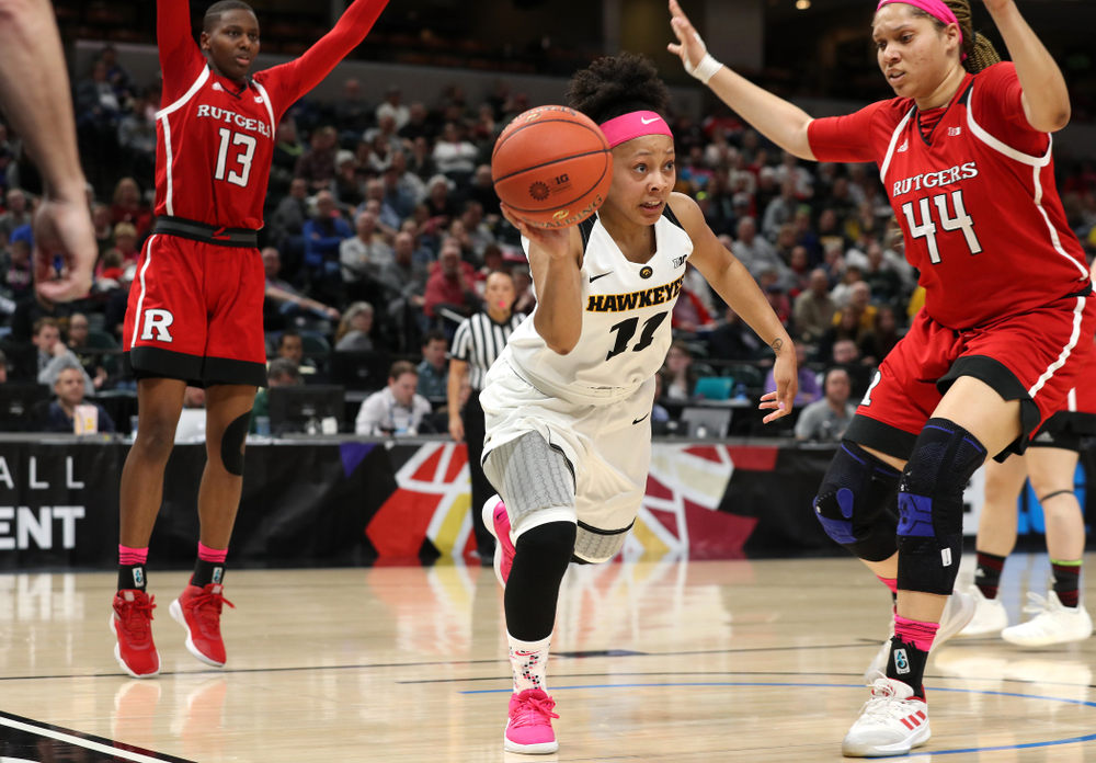 Iowa Hawkeyes guard Tania Davis (11) against the Rutgers Scarlet Knights in the semi-finals of the Big Ten Tournament Saturday, March 9, 2019 at Bankers Life Fieldhouse in Indianapolis, Ind. (Brian Ray/hawkeyesports.com)
