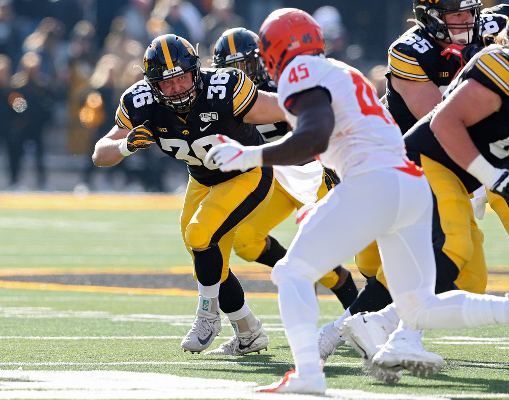 Iowa Hawkeyes fullback Brady Ross (36) looks to block on a run during the second quarter of their game at Kinnick Stadium in Iowa City on Saturday, Nov 23, 2019. (Stephen Mally/hawkeyesports.com)
